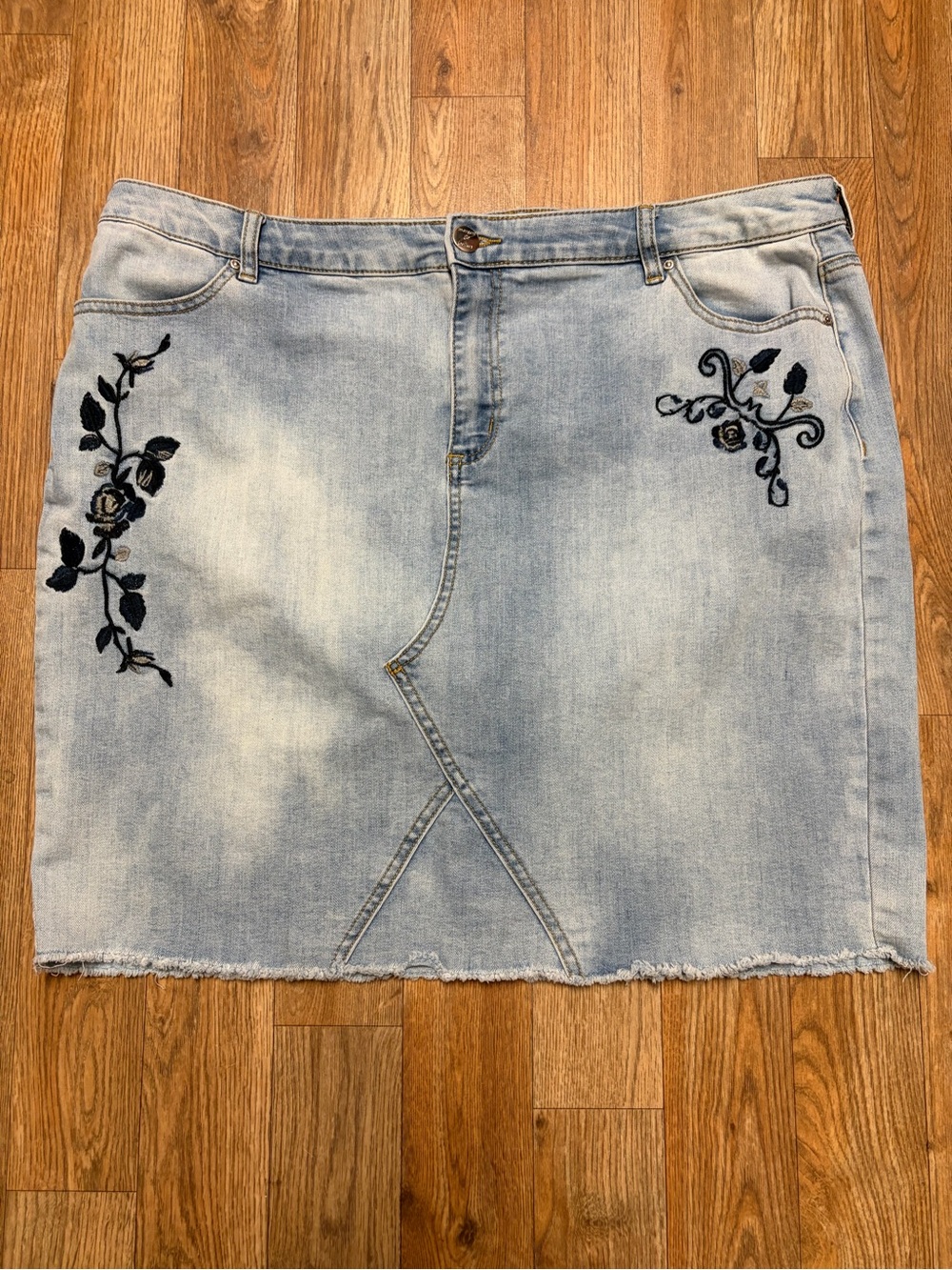 Light Wash Denim Mini Skirt with Black Floral Embroidery